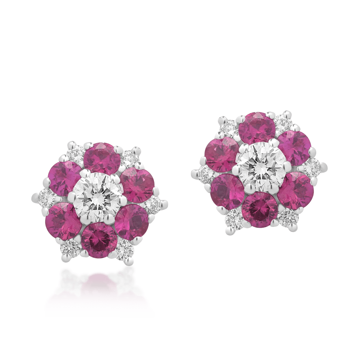 Cercei florali din aur alb cu rubine și diamante Cercei florali din aur alb cu rubine și diamante