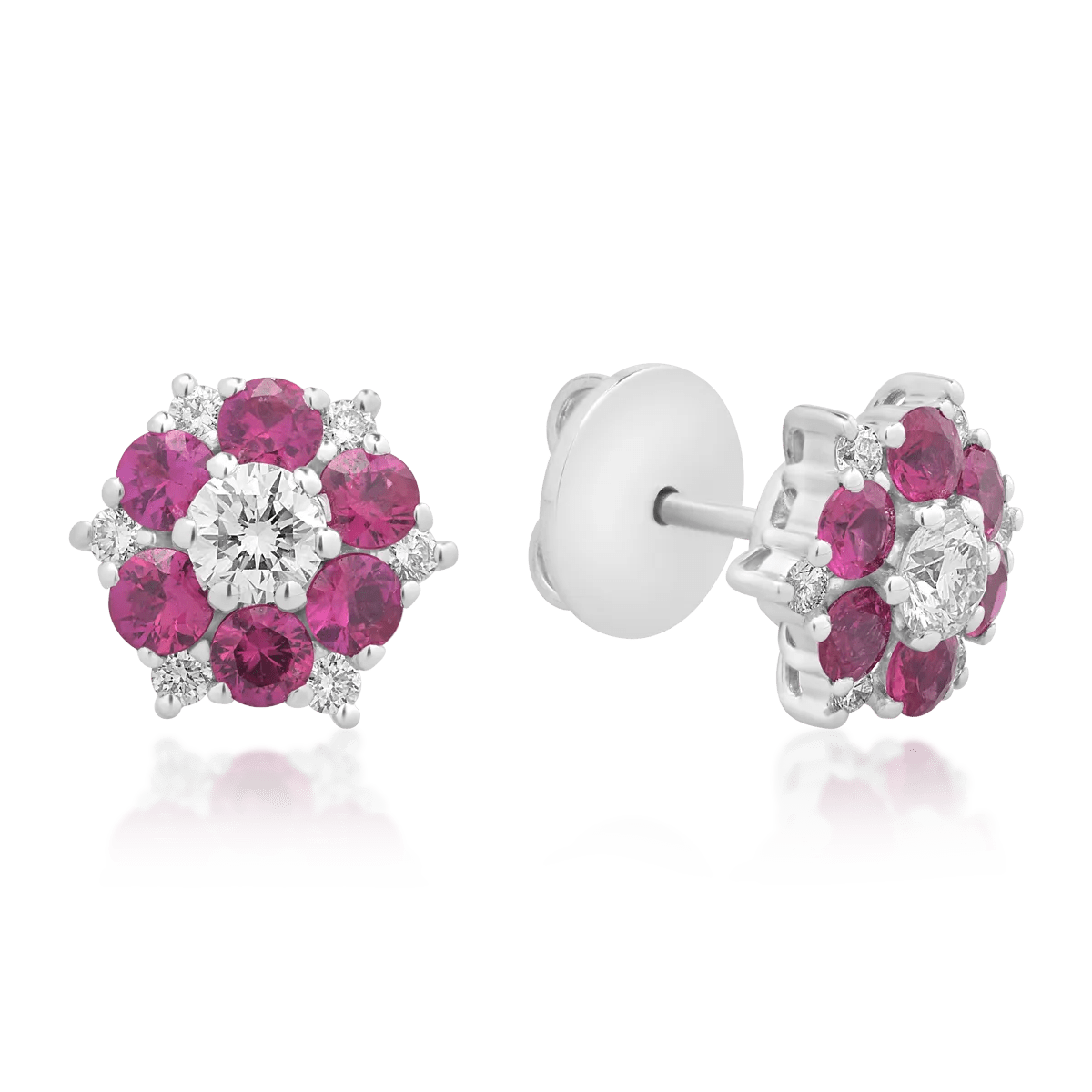 Cercei florali din aur alb cu rubine de 1.2ct și diamante de 0.6ct Cercei florali din aur alb cu rubine de 1.2ct și diamante de 0.6ct