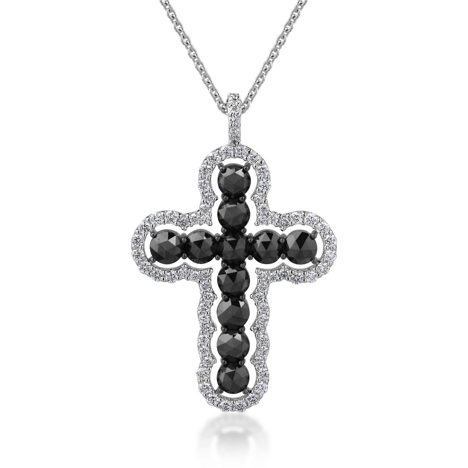 Lanț cu pandantiv cruce din aur alb cu diamante negre rose cut de 1.9ct și diamante incolore de 0.5ct Lanț cu pandantiv cruce din aur alb cu diamante negre rose cut de 1.9ct și diamante incolore de 0.5ct