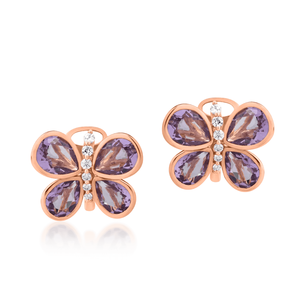 Cercei fluturi din aur roz cu ametiste pear de 7.93ct și diamante de 0.296ct Cercei fluturi din aur roz cu ametiste pear de 7.93ct și diamante de 0.296ct