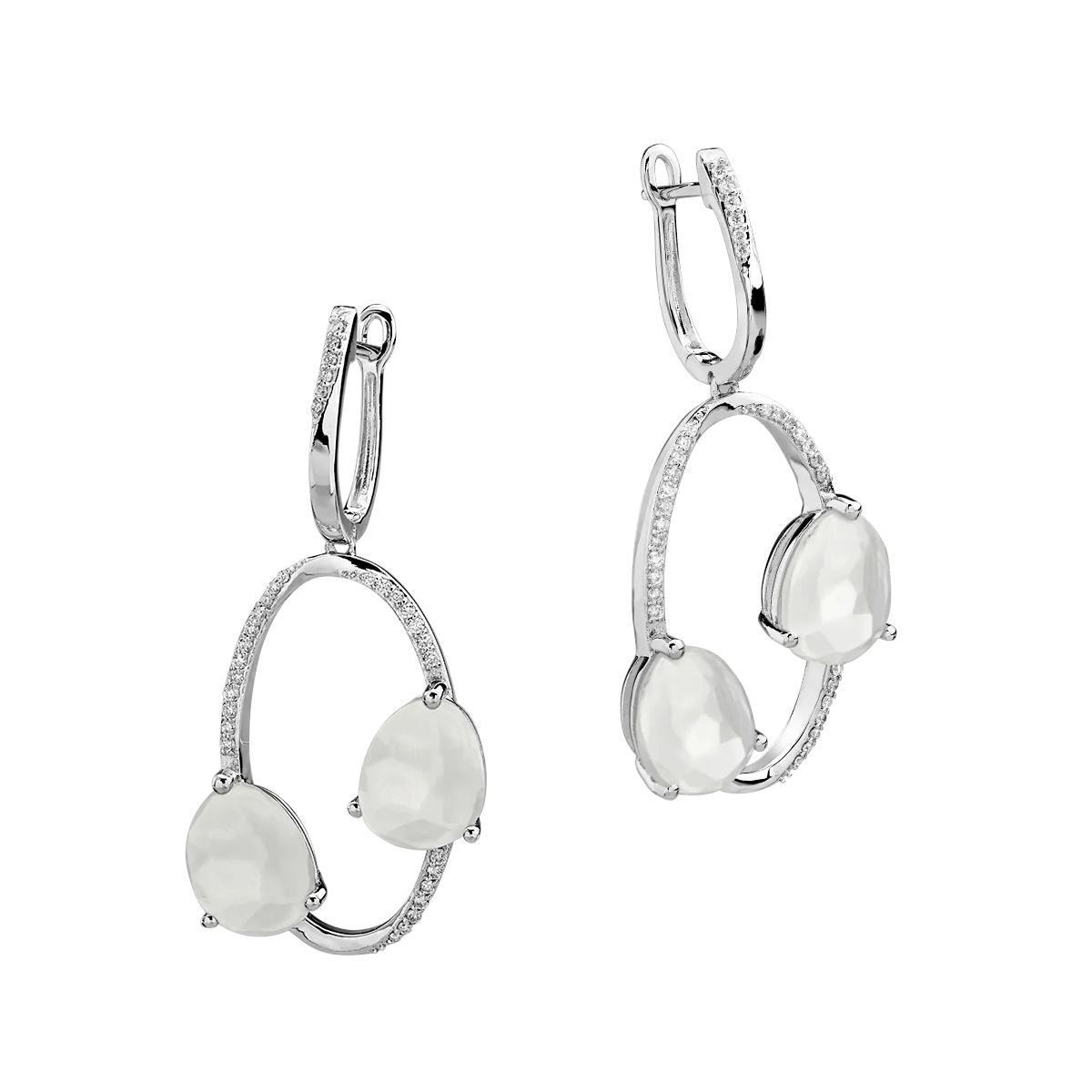 Cercei din aur alb cu piatra lunii de 7.223ct și diamante de 0.277ct Cercei din aur alb cu piatra lunii de 7.223ct și diamante de 0.277ct