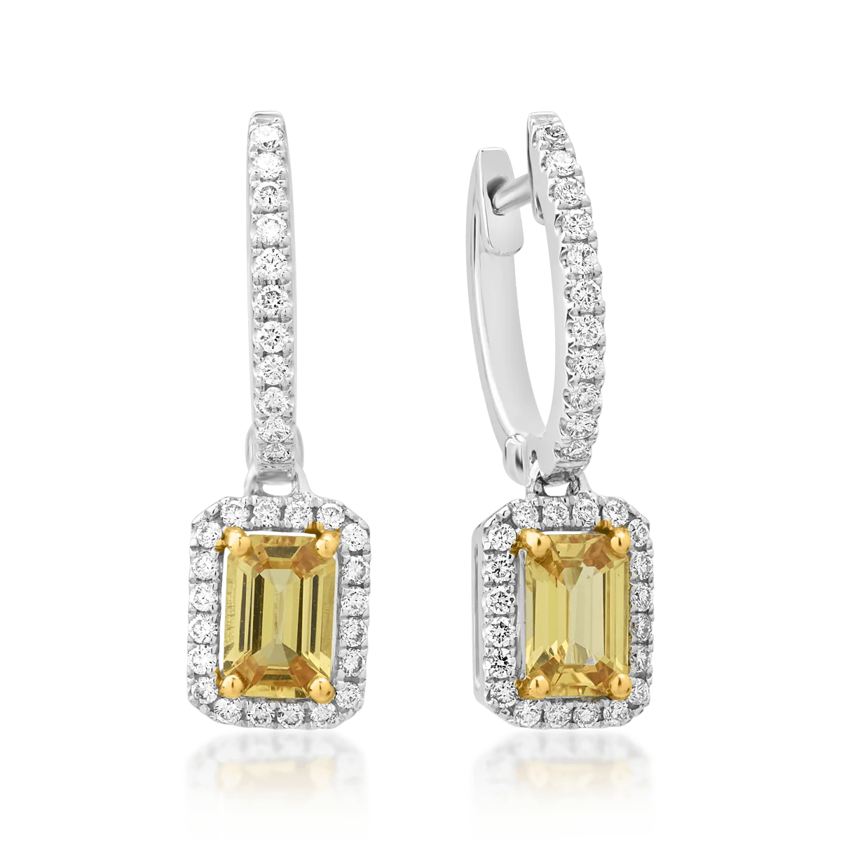 Cercei din aur alb cu safire galbene emerald de 1.4ct și diamante de 0.37ct Cercei din aur alb cu safire galbene emerald de 1.4ct și diamante de 0.37ct