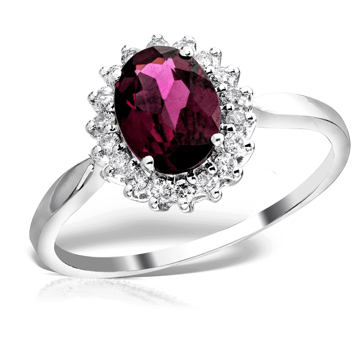 Inel din aur alb cu rodolit oval de 1.2ct și diamante de 0.2ct Inel din aur alb cu rodolit oval de 1.2ct și diamante de 0.2ct
