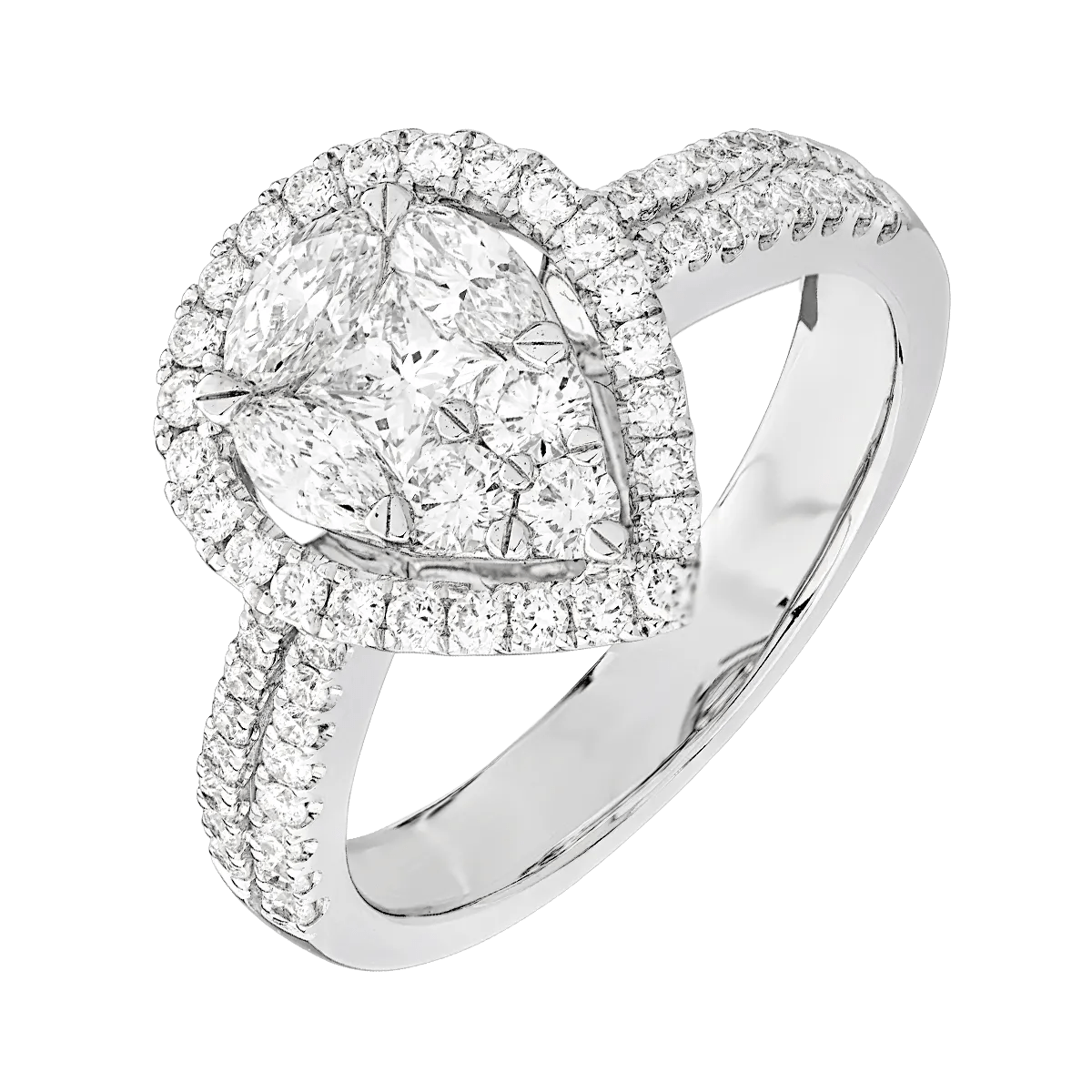 Inel din aur alb cu diamant pear de 0.2ct și diamante de 0.9ct Inel din aur alb cu diamant pear de 0.2ct și diamante de 0.9ct