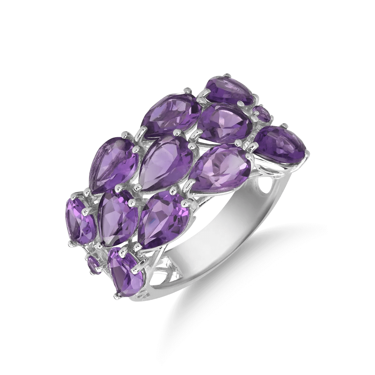 Inel din aur alb cu ametiste de 7.5ct, taieturi pear și rotunde Inel din aur alb cu ametiste de 7.5ct, taieturi pear și rotunde