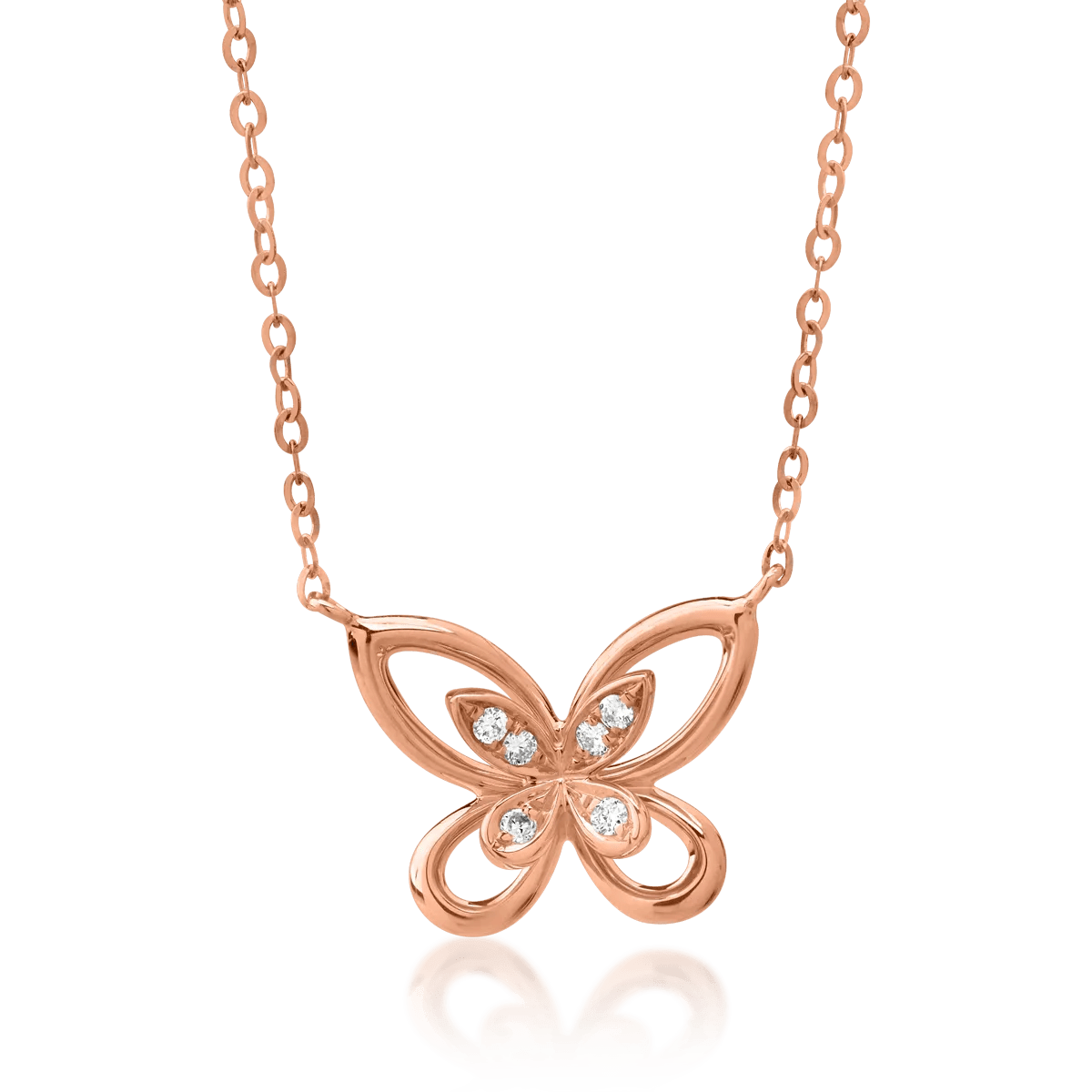 Lanț cu pandantiv fluture din aur roz cu diamante de 0.027ct Lanț cu pandantiv fluture din aur roz cu diamante de 0.027ct