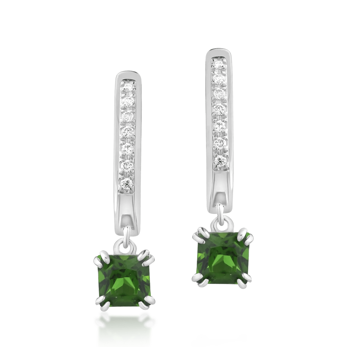 Cercei din aur alb cu cromdiopsid princess de 0.813ct și diamante de 0.057ct Cercei din aur alb cu cromdiopsid princess de 0.813ct și diamante de 0.057ct