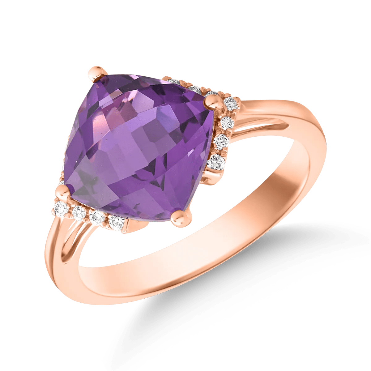 Inel din aur roz cu ametist cushion 3.3ct și diamante 0.08ct Inel din aur roz cu ametist cushion 3.3ct și diamante 0.08ct