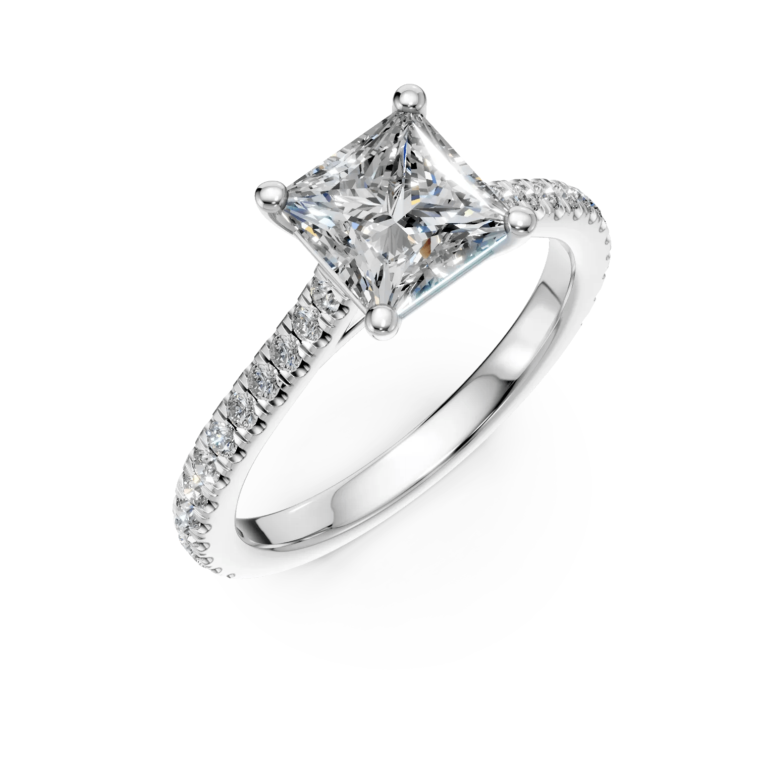 Inel de logodnă din aur alb cu diamant princess 1.5ct și diamante 0.33ct Inel de logodnă din aur alb cu diamant princess 1.5ct și diamante 0.33ct