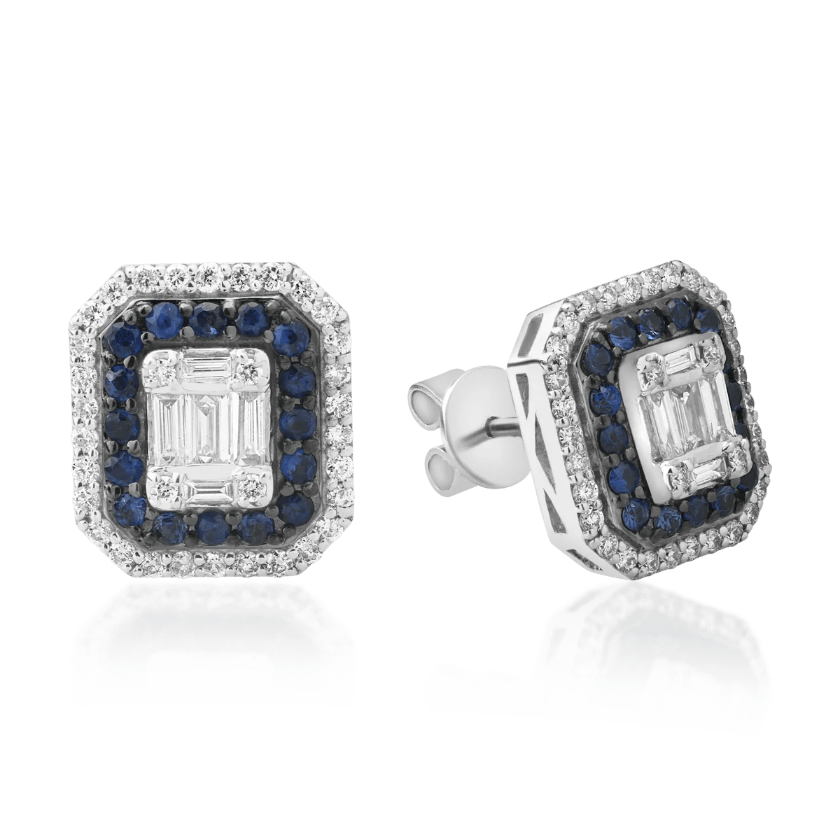 Cercei din aur alb cu diamante baguette și rotunde de 1ct și safire de 0.4ct Cercei din aur alb cu diamante baguette și rotunde de 1ct și safire de 0.4ct