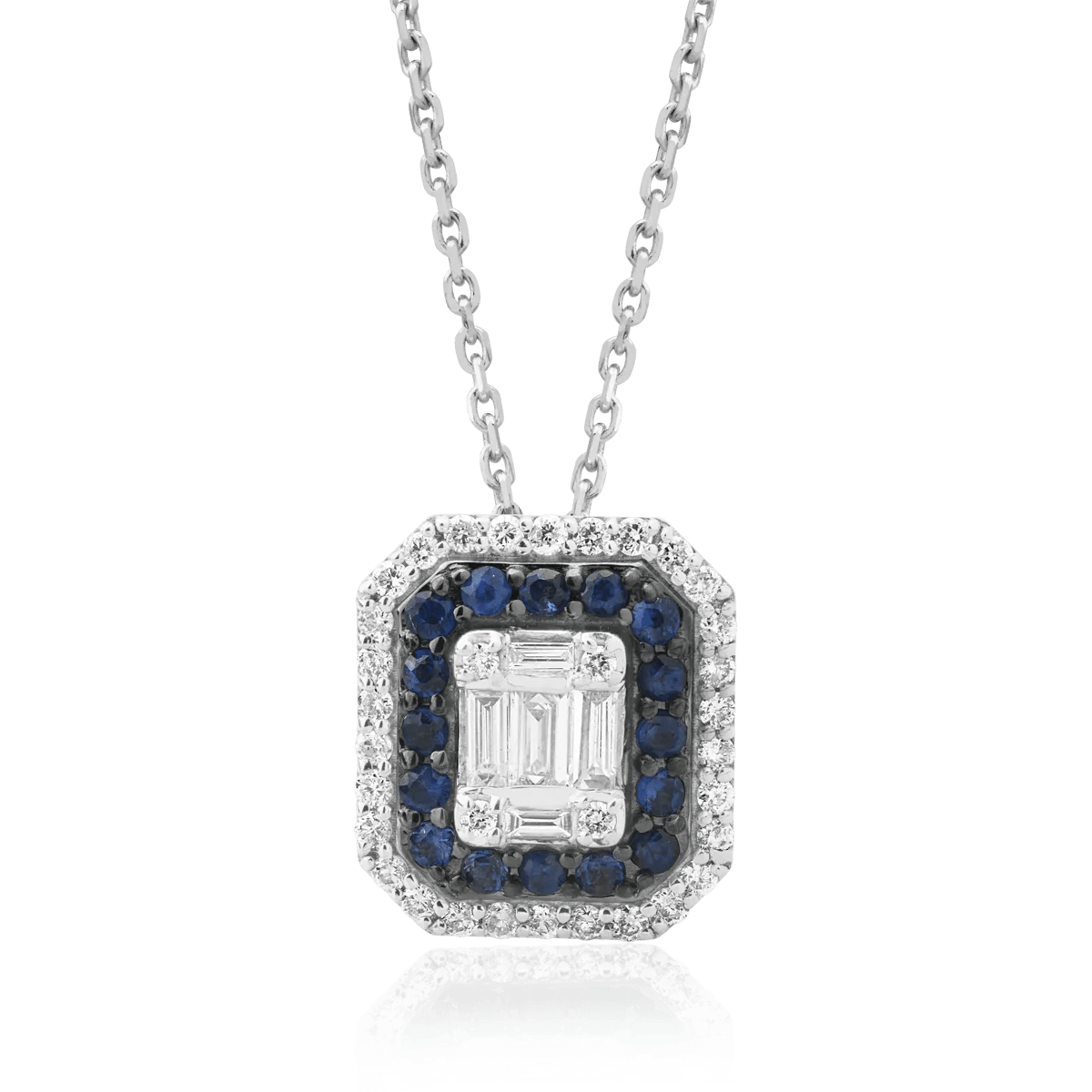Lanț cu pandantiv din aur alb, diamante de 0.74ct și safire de 0.222ct Lanț cu pandantiv din aur alb, diamante de 0.74ct și safire de 0.222ct