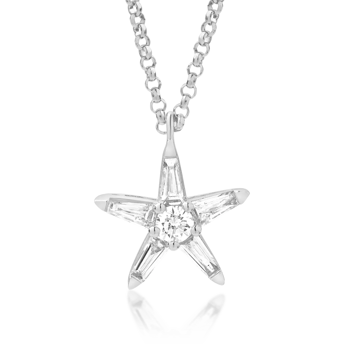 Lanț cu pandantiv steluță din aur alb, diamante baguette și rotunde de 0.27ct Lanț cu pandantiv steluță din aur alb, diamante baguette și rotunde de 0.27ct