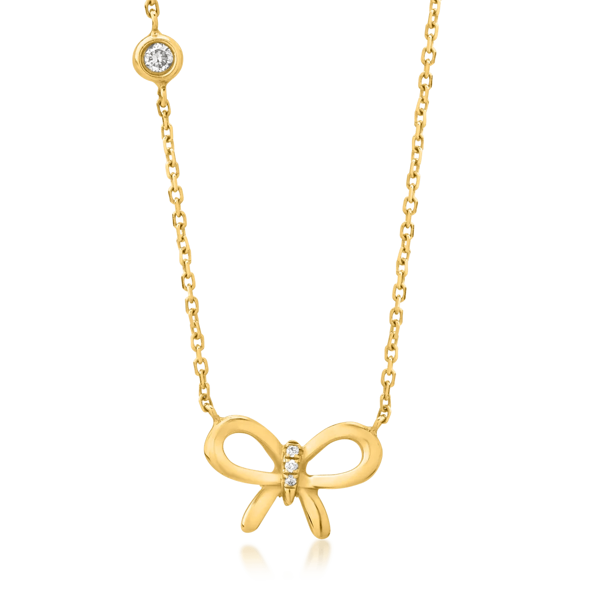 Lanț cu pandantiv fundiță din aur galben cu diamant de 0.025ct și diamante de 0.006ct Lanț cu pandantiv fundiță din aur galben cu diamant de 0.025ct și diamante de 0.006ct