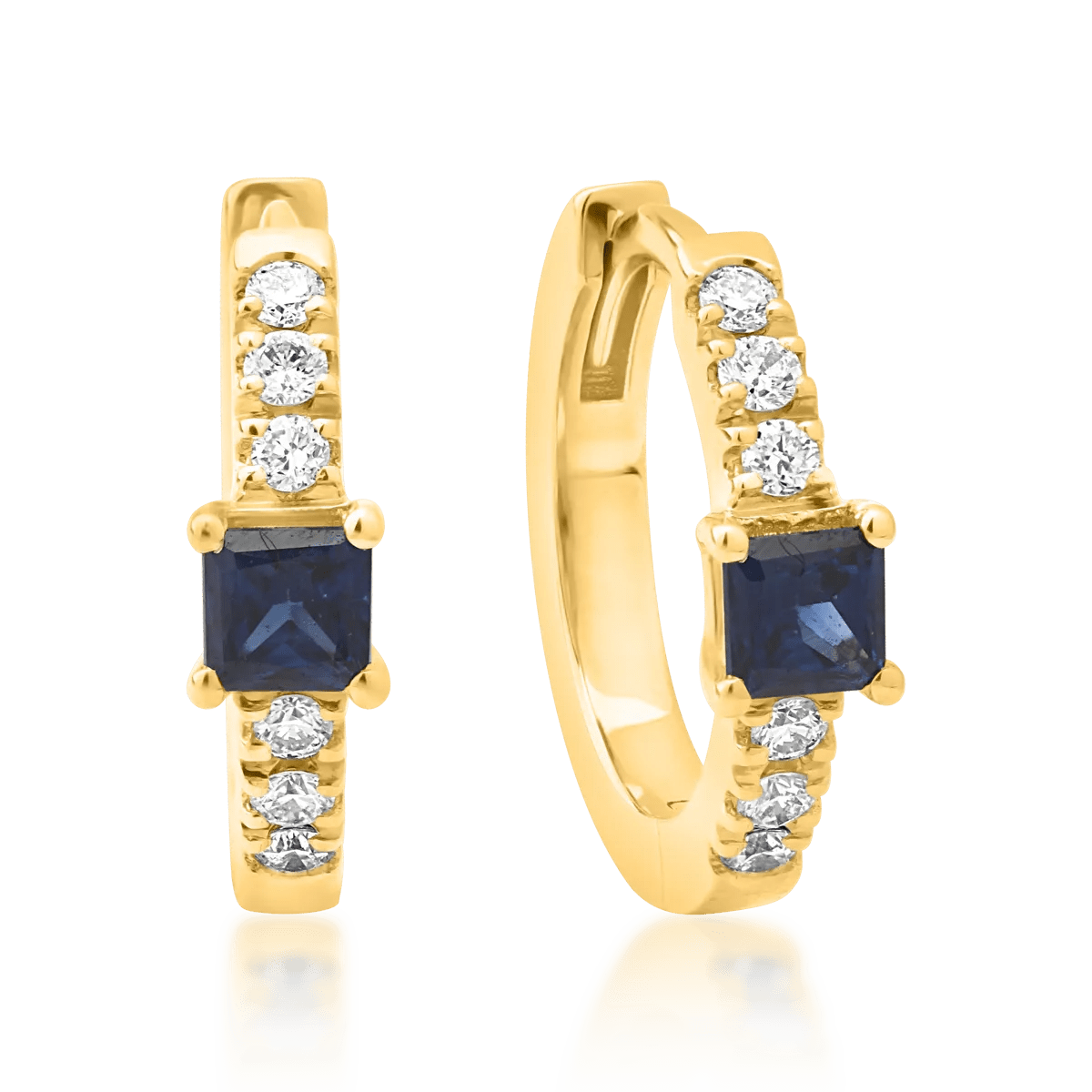 Cercei din aur galben cu safire princess 0.15ct și diamante 0.06ct Cercei din aur galben cu safire princess 0.15ct și diamante 0.06ct