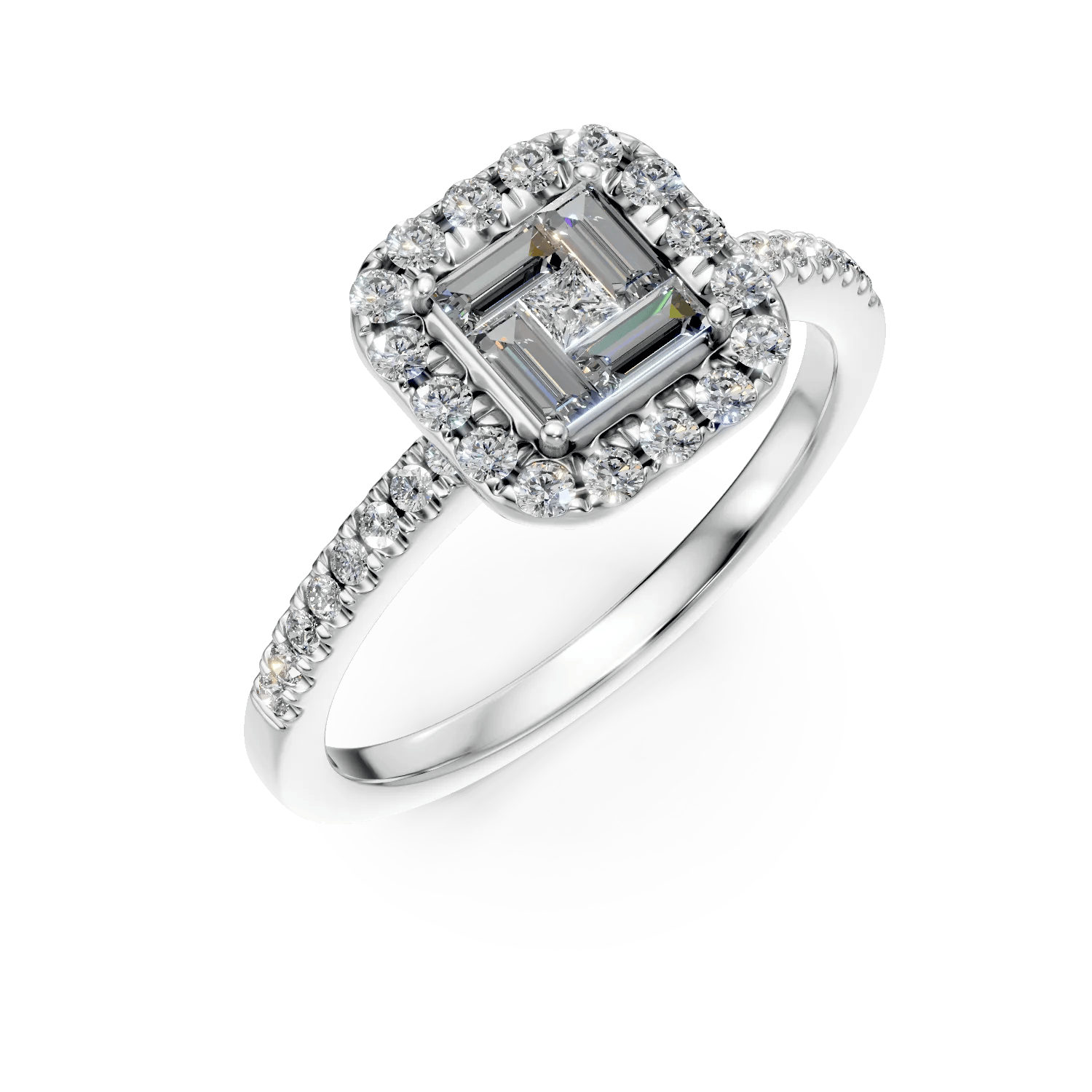 Inel de logodnă din aur alb cu diamante baguette, princess și rotunde de 0.28ct – Teilor Inel de logodnă din aur alb cu diamante baguette, princess și rotunde de 0.28ct – Teilor