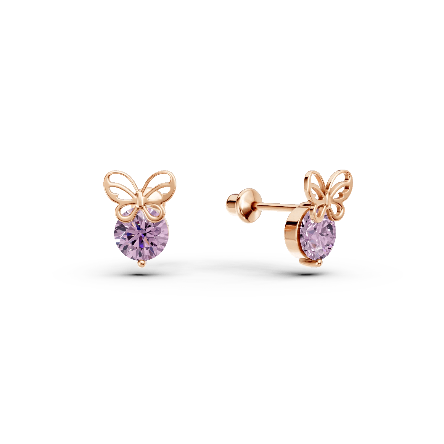 Cercei fluturași pentru copii din aur roz cu ametiste de 0.53ct Cercei fluturași pentru copii din aur roz cu ametiste de 0.53ct