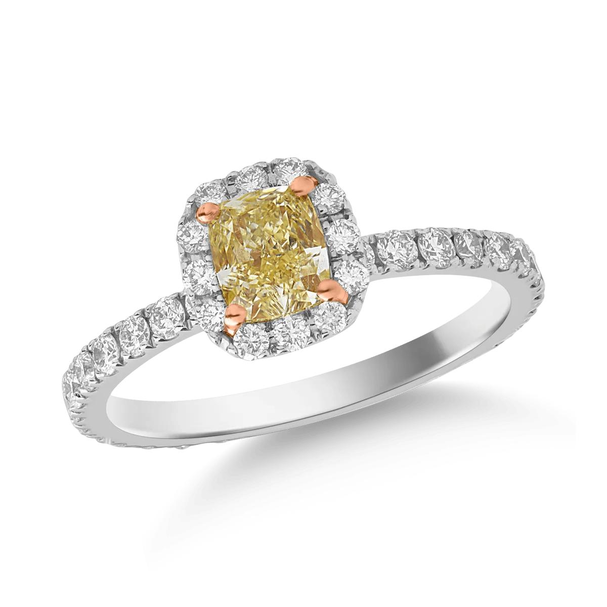 Inel din aur alb cu diamant galben radiant de 0.7ct și diamante 0.7ct Inel din aur alb cu diamant galben radiant de 0.7ct și diamante 0.7ct