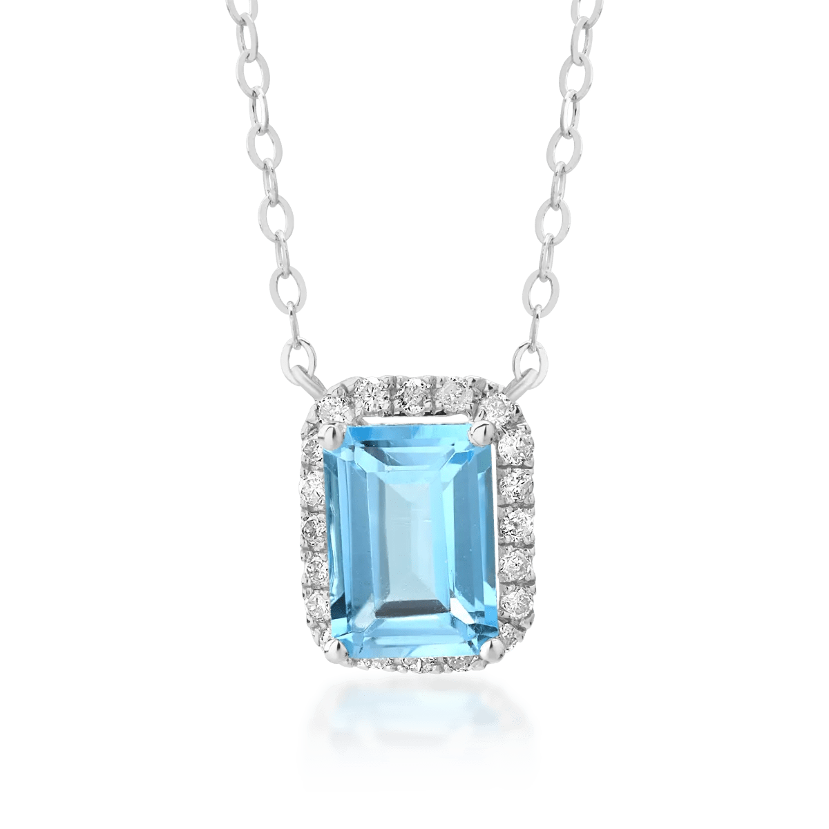 Lanț cu pandantiv din aur alb cu topaz albastru emerald de 1.18ct și diamante de 0.12ct Lanț cu pandantiv din aur alb cu topaz albastru emerald de 1.18ct și diamante de 0.12ct