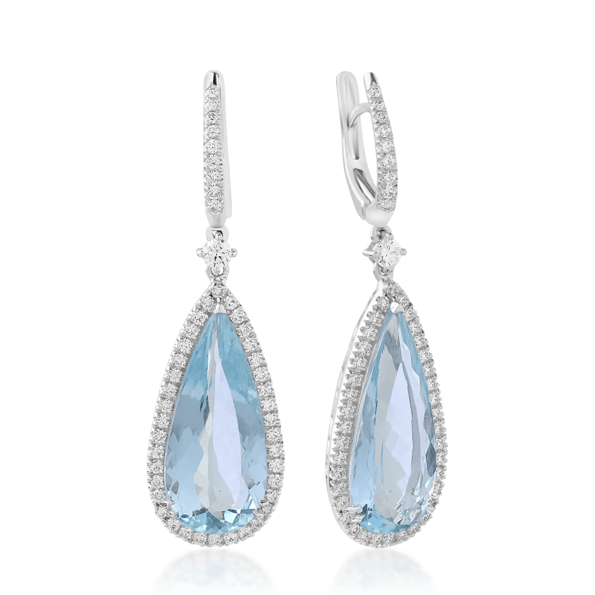 Cercei din aur alb cu acvamarine pear de 10.52ct și diamante round de 0.92ct Cercei din aur alb cu acvamarine pear de 10.52ct și diamante round de 0.92ct