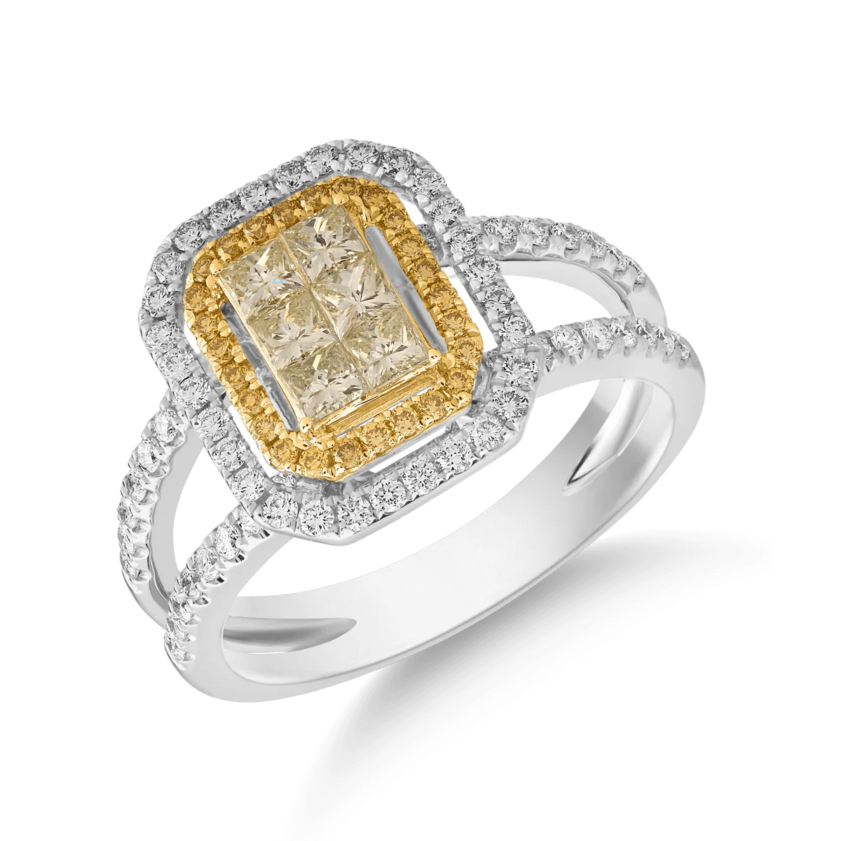 Inel din aur alb-galben cu diamante galbene și incolore de 1ct Inel din aur alb-galben cu diamante galbene și incolore de 1ct