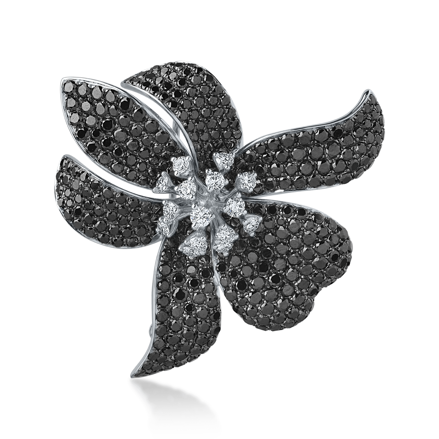 Broșă din aur alb cu diamante negre 8.27ct și diamante transparente 0.89ct Broșă din aur alb cu diamante negre 8.27ct și diamante transparente 0.89ct