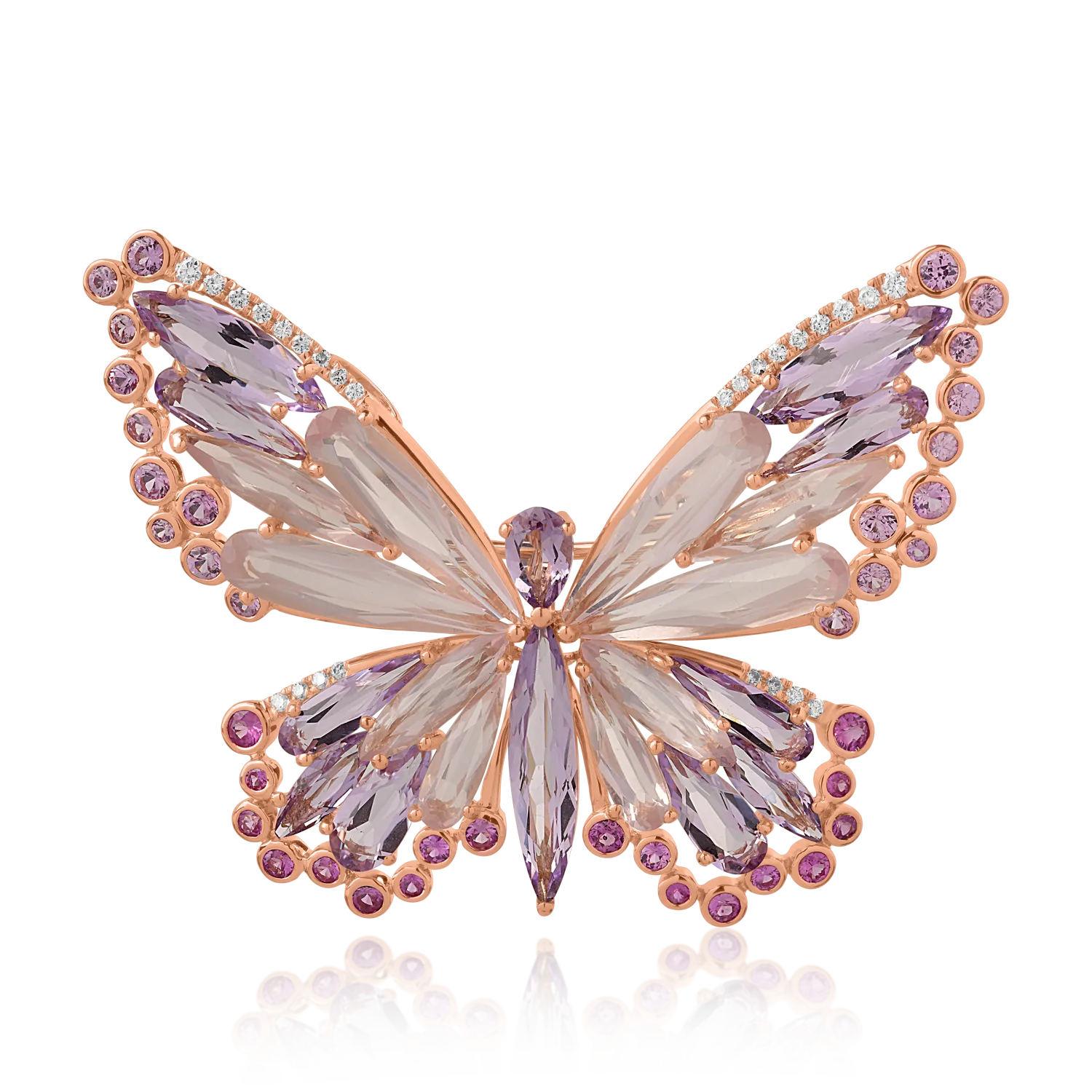 Broșă fluture din aur roz cu pietre prețioase și semiprețioase de 17.98ct Broșă fluture din aur roz cu pietre prețioase și semiprețioase de 17.98ct