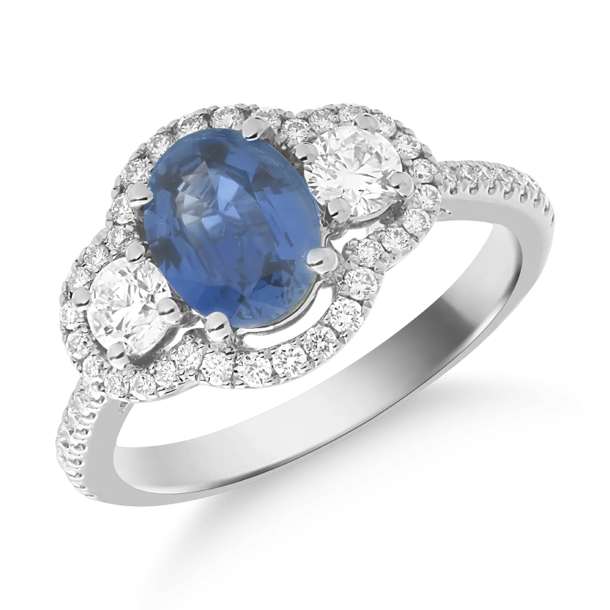 Inel din aur alb cu safir oval de 1.3ct și diamante de 0.6ct Inel din aur alb cu safir oval de 1.3ct și diamante de 0.6ct