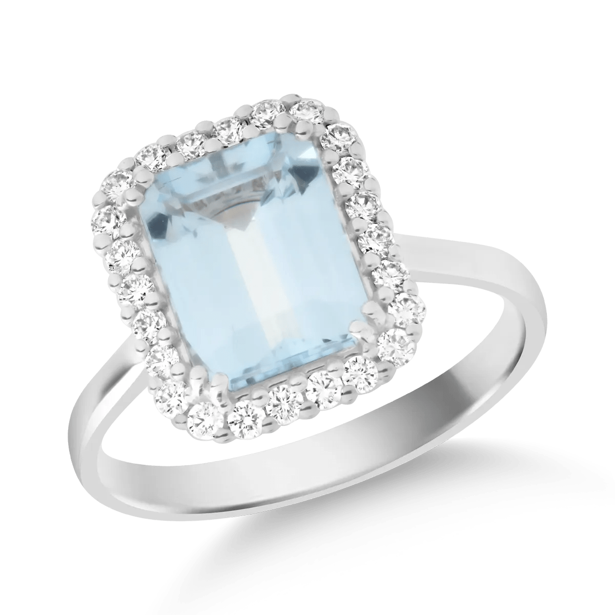 Inel din aur alb cu acvamarine de 2ct și diamante de 0.2ct Inel din aur alb cu acvamarine de 2ct și diamante de 0.2ct