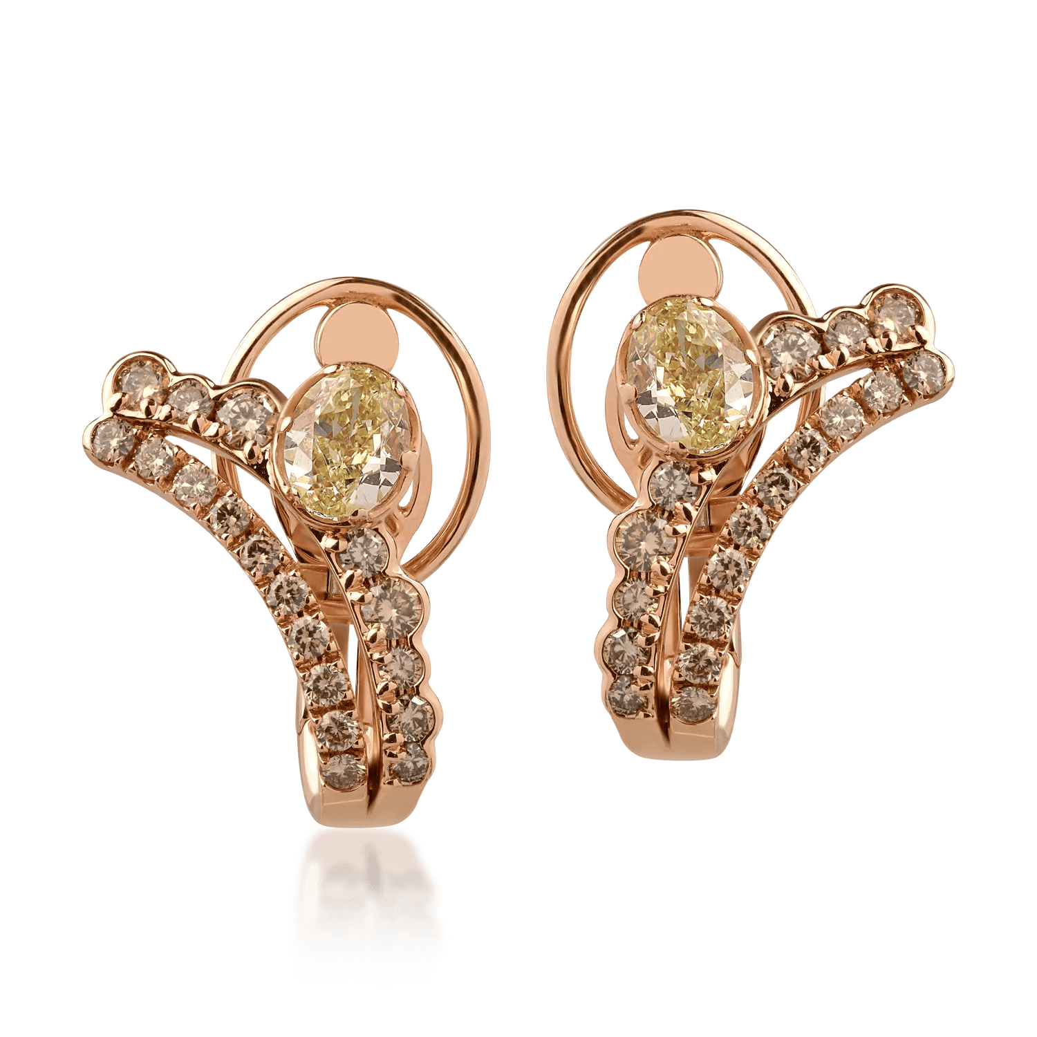 Cercei din aur roz cu diamante fancy galbene ovale de 1.63ct și diamante maro round de 1.1ct – Teilor Cercei din aur roz cu diamante fancy galbene ovale de 1.63ct și diamante maro round de 1.1ct – Teilor