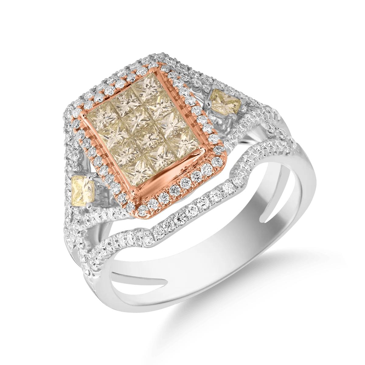 Inel din aur alb-roz cu diamante galbene și transparente de 0.8ct și 0.6ct Inel din aur alb-roz cu diamante galbene și transparente de 0.8ct și 0.6ct