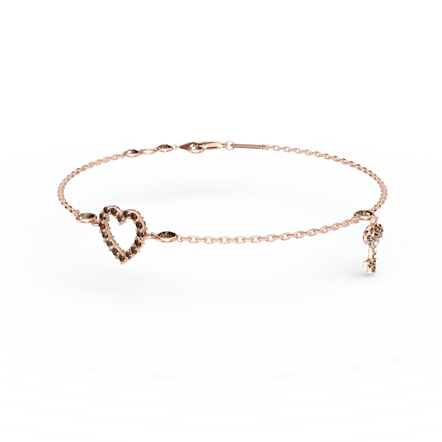 Brățară cu pandantiv inimă și cheie din aur roz și zirconii maro Brățară cu pandantiv inimă și cheie din aur roz și zirconii maro