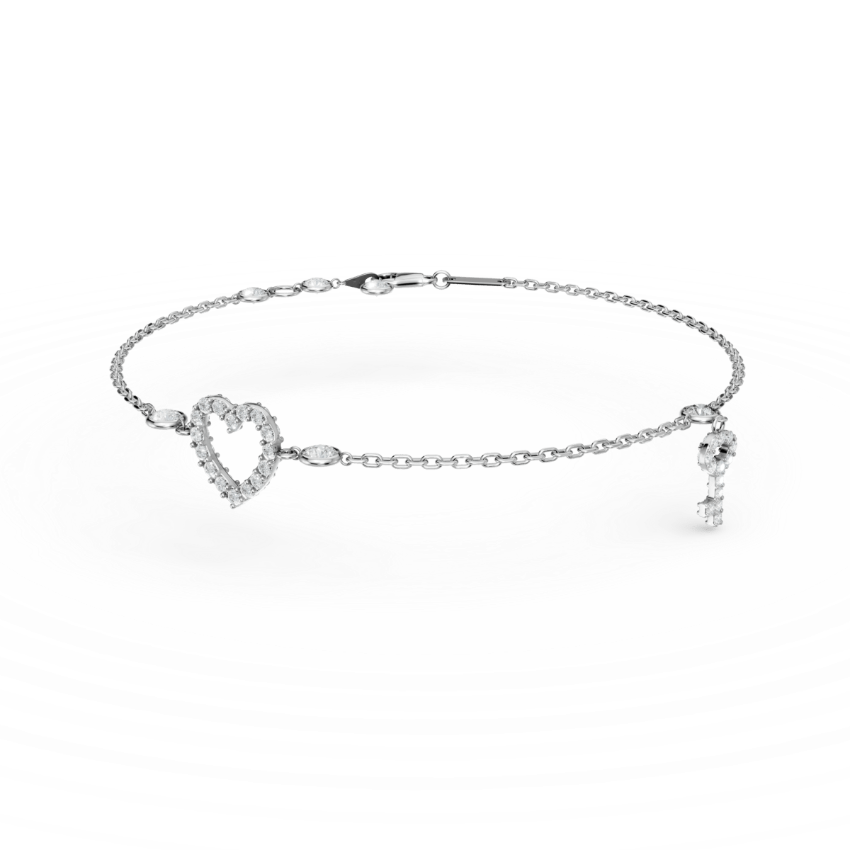 Brățară cu pandantiv inimă și cheie din aur alb și zirconii Brățară cu pandantiv inimă și cheie din aur alb și zirconii