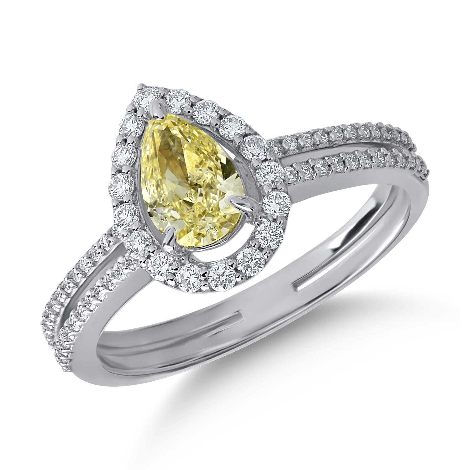 Inel din aur alb cu diamant multicolor pear de 0.7ct și diamante clare de 0.3ct Inel din aur alb cu diamant multicolor pear de 0.7ct și diamante clare de 0.3ct