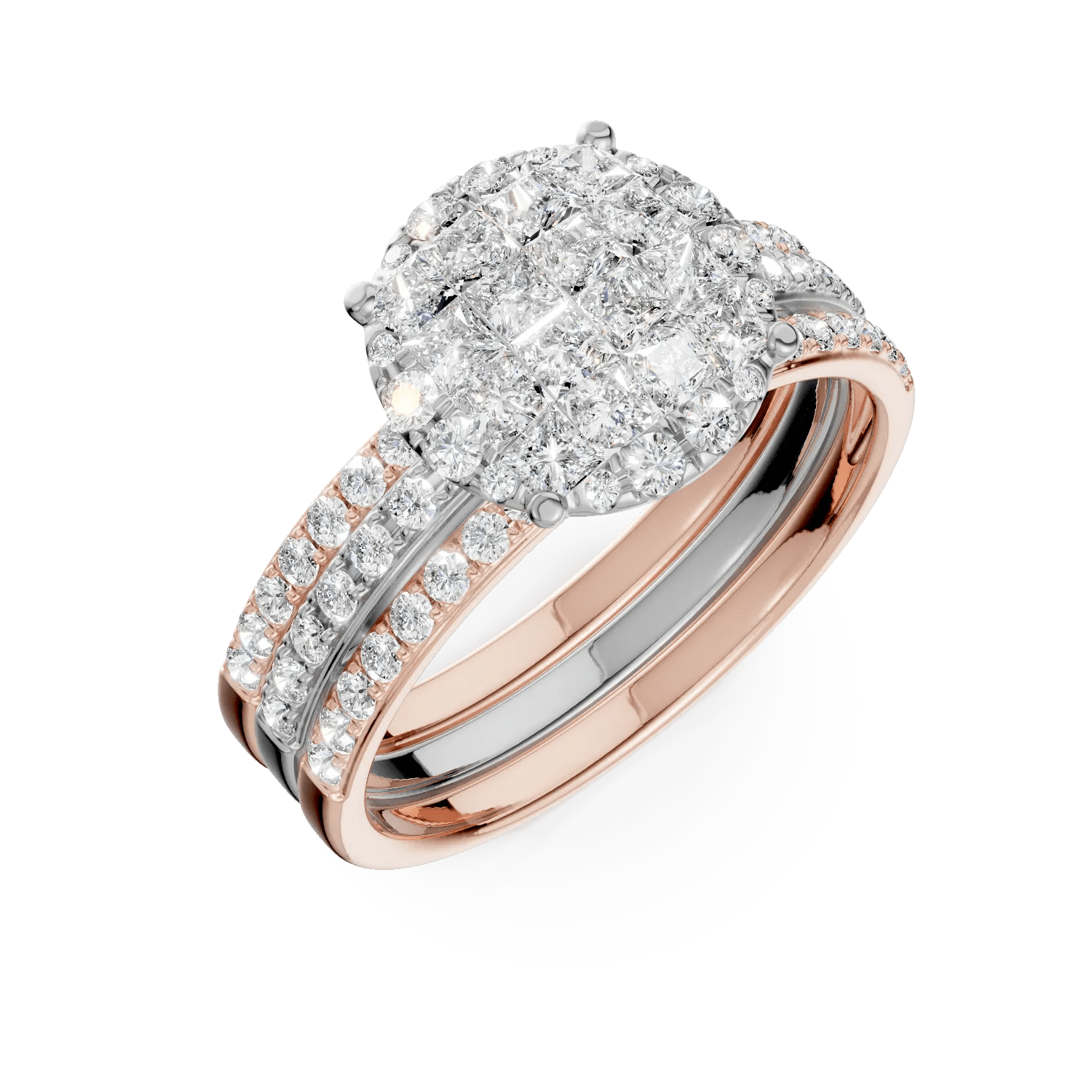 Inel din aur alb-roz cu diamante de 1.12ct, tăietură princess și rotundă Inel din aur alb-roz cu diamante de 1.12ct, tăietură princess și rotundă