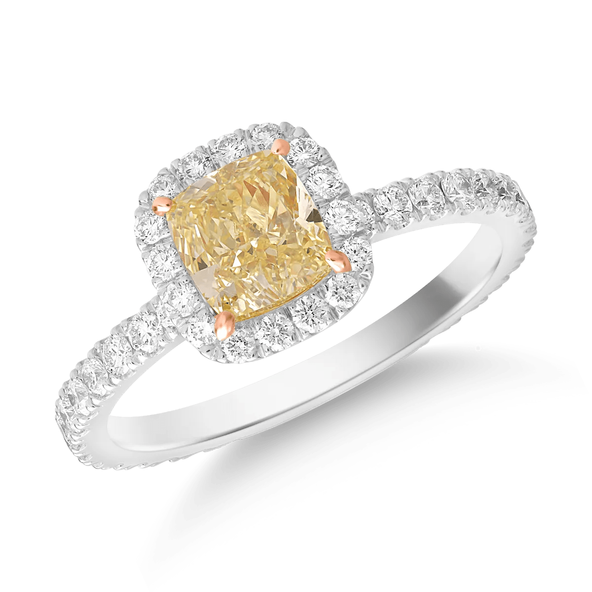 Inel din aur alb cu diamant galben fancy de 1ct și diamante de 0.6ct Inel din aur alb cu diamant galben fancy de 1ct și diamante de 0.6ct