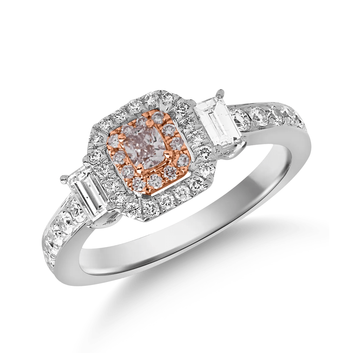 Inel din aur alb-roz cu diamante roz și transparente, 0.25ct și 0.71ct Inel din aur alb-roz cu diamante roz și transparente, 0.25ct și 0.71ct