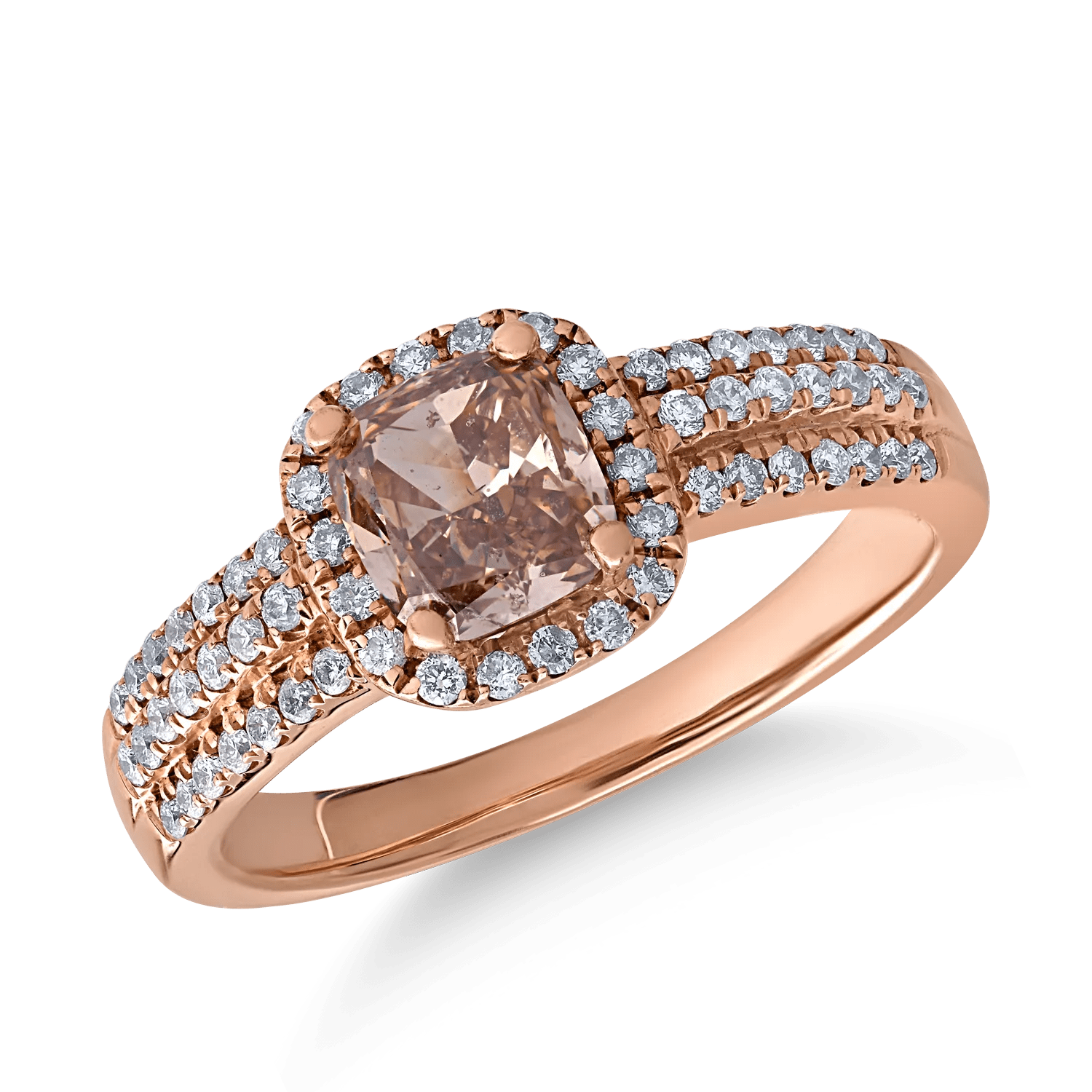 Inel din aur roz cu diamant maro cushion 1ct și diamante transparente 0.3ct Inel din aur roz cu diamant maro cushion 1ct și diamante transparente 0.3ct