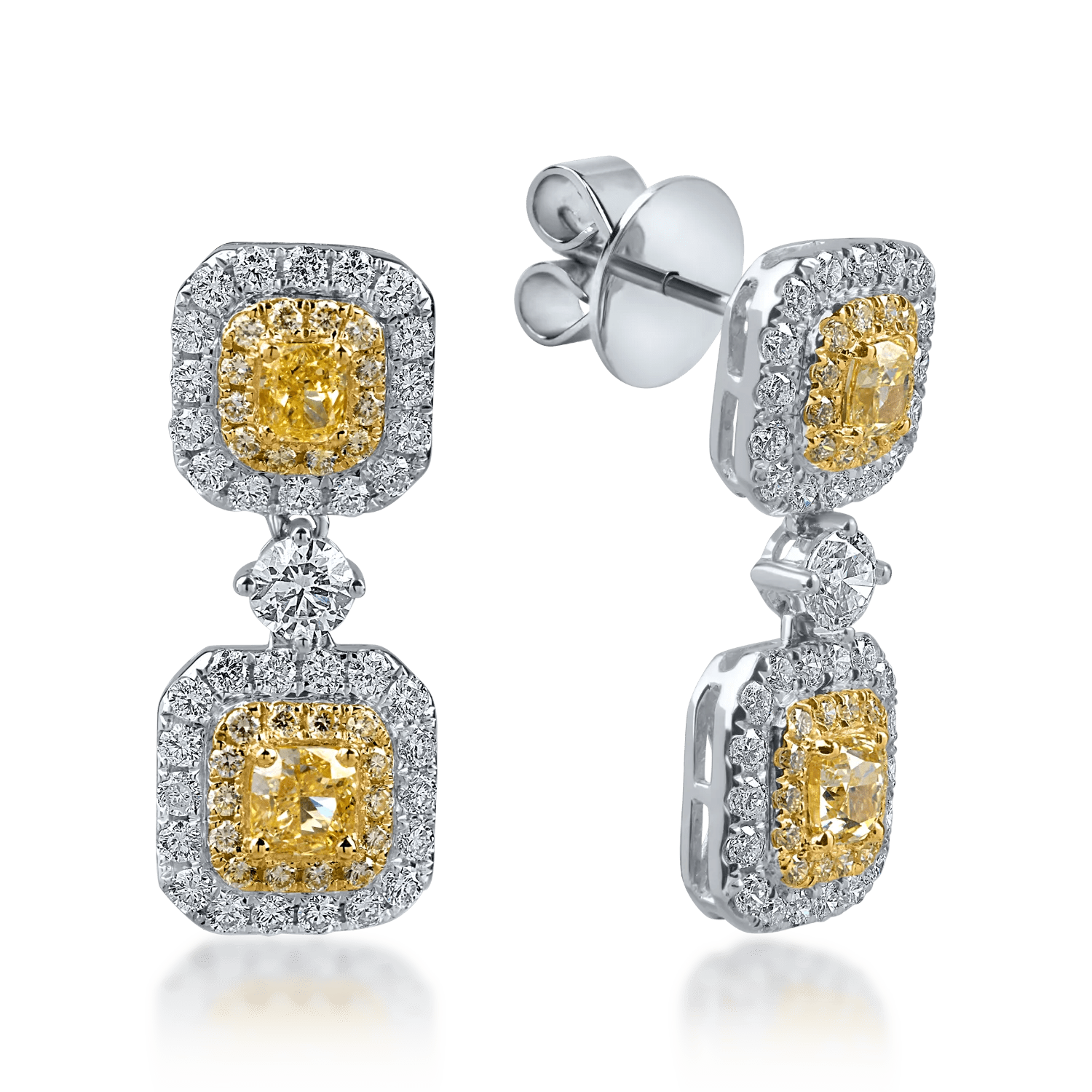 Cercei din aur alb-galben cu diamante galbene de 1.58ct și diamante incolore de 0.75ct Cercei din aur alb-galben cu diamante galbene de 1.58ct și diamante incolore de 0.75ct