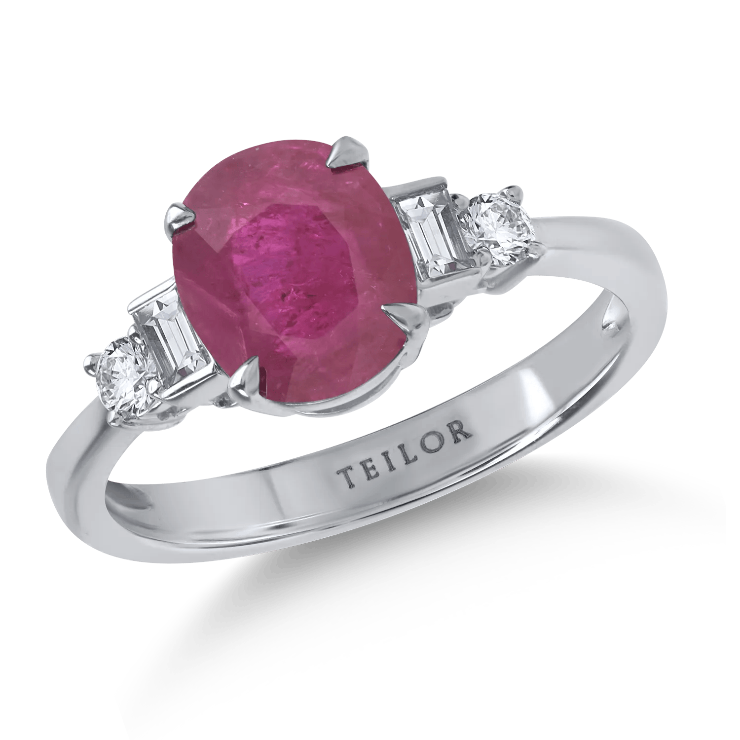 Inel din aur alb cu rubin oval de 2.03ct și diamante de 0.2ct – Teilor Inel din aur alb cu rubin oval de 2.03ct și diamante de 0.2ct – Teilor