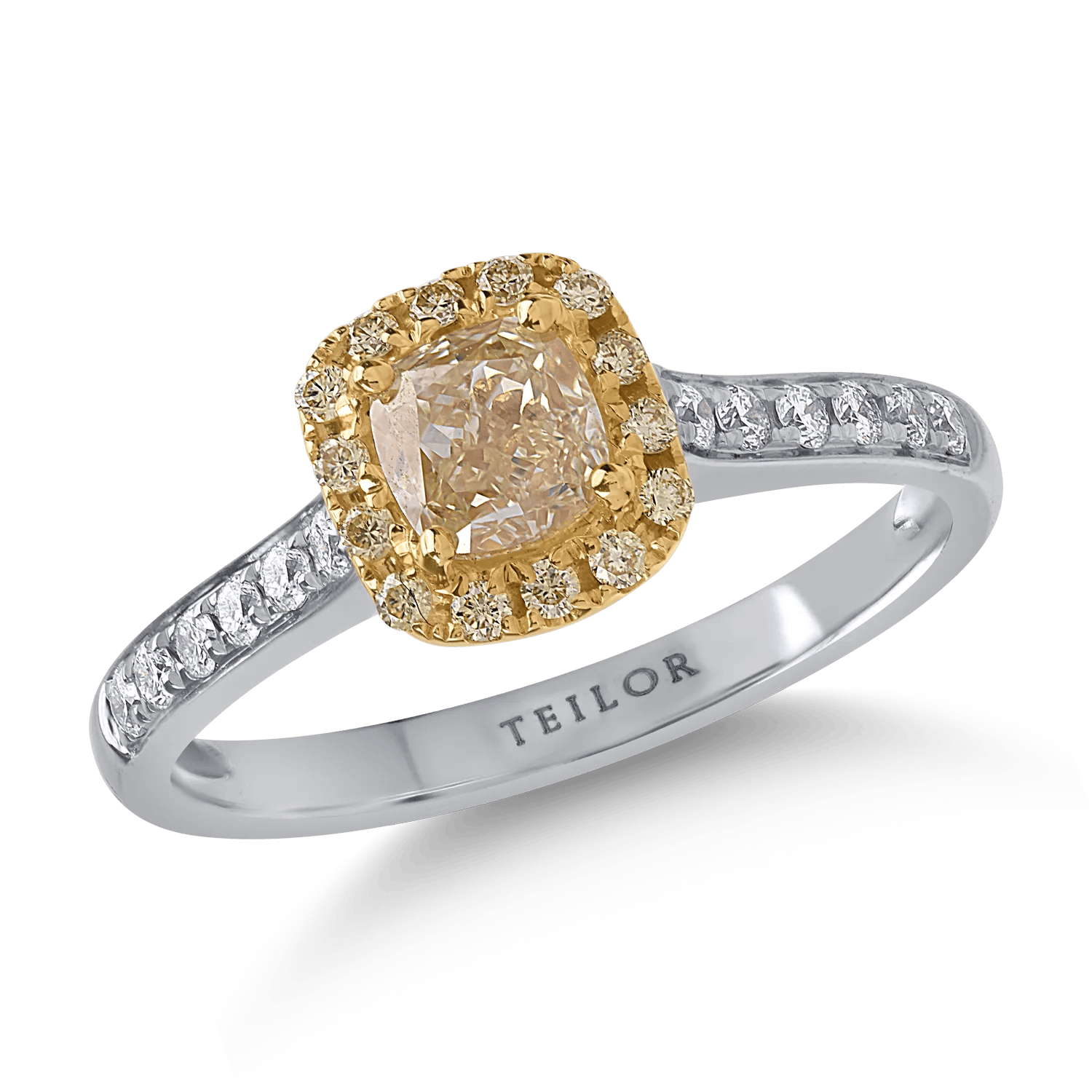 Inel din aur alb-galben cu diamante galbene cushion de 0.81ct și diamante transparente de 0.16ct – Teilor Inel din aur alb-galben cu diamante galbene cushion de 0.81ct și diamante transparente de 0.16ct – Teilor