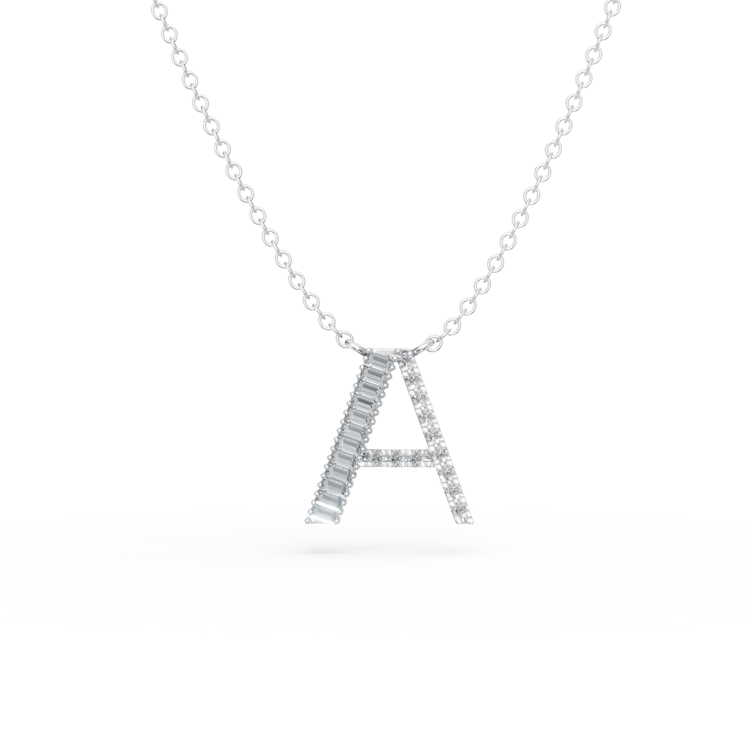 Lant cu pandantiv initiala A din aur alb cu diamante baguette si rotunde de 0.21ct Lant cu pandantiv initiala A din aur alb cu diamante baguette si rotunde de 0.21ct
