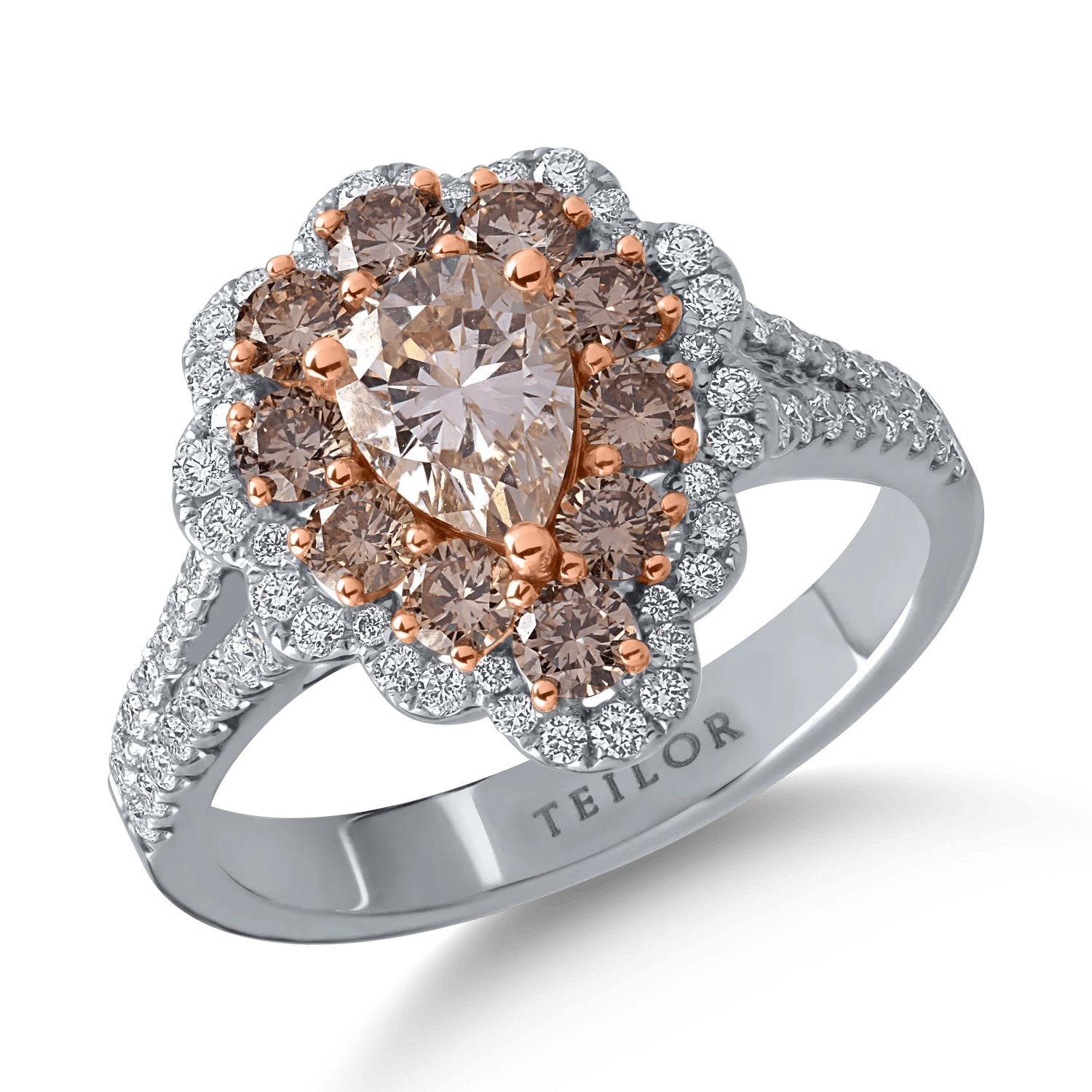 Inel din aur alb-roz cu diamante maro de 1.72ct și transparente de 0.41ct Inel din aur alb-roz cu diamante maro de 1.72ct și transparente de 0.41ct