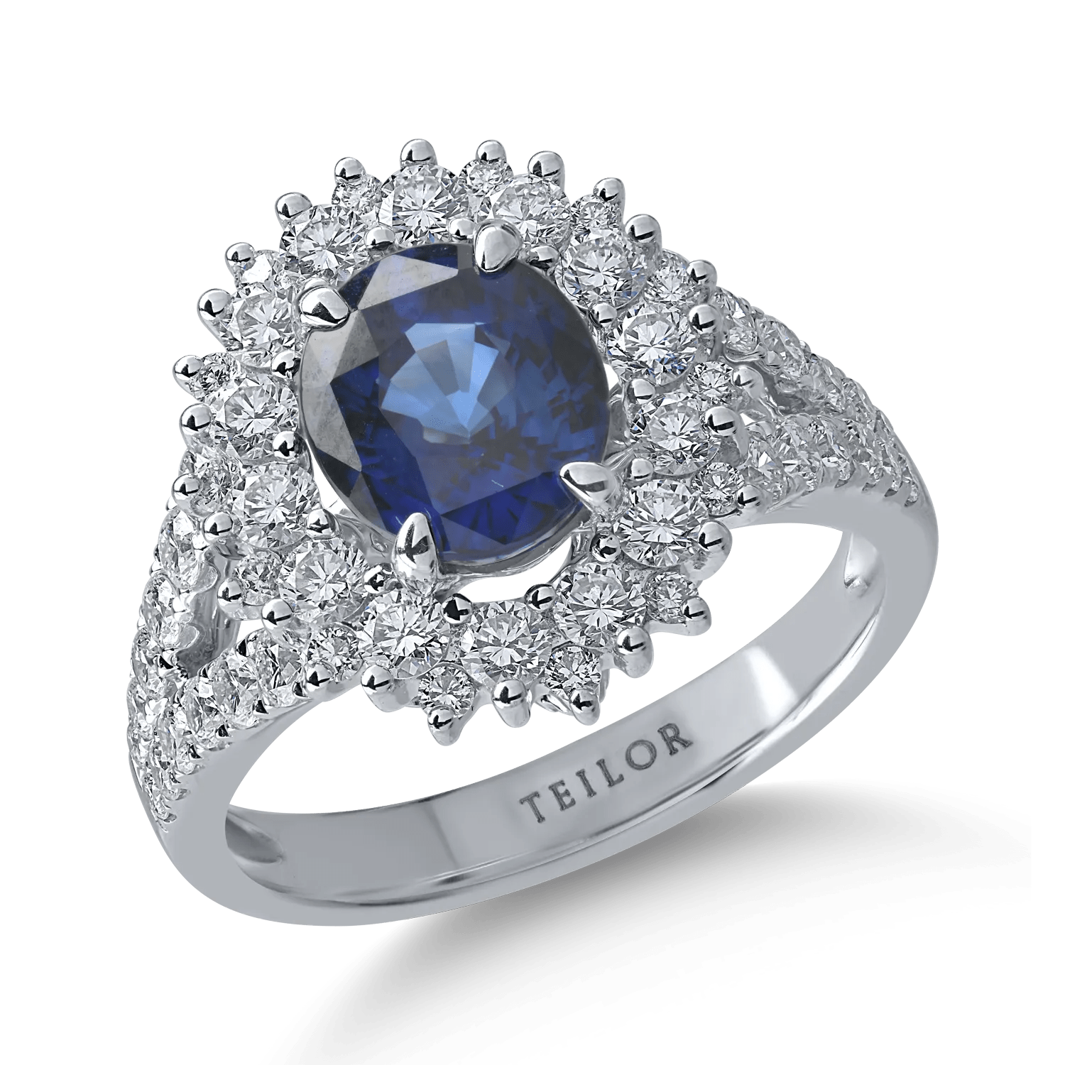 Inel din aur alb cu safir oval de 2.3ct și diamante de 1.3ct Inel din aur alb cu safir oval de 2.3ct și diamante de 1.3ct
