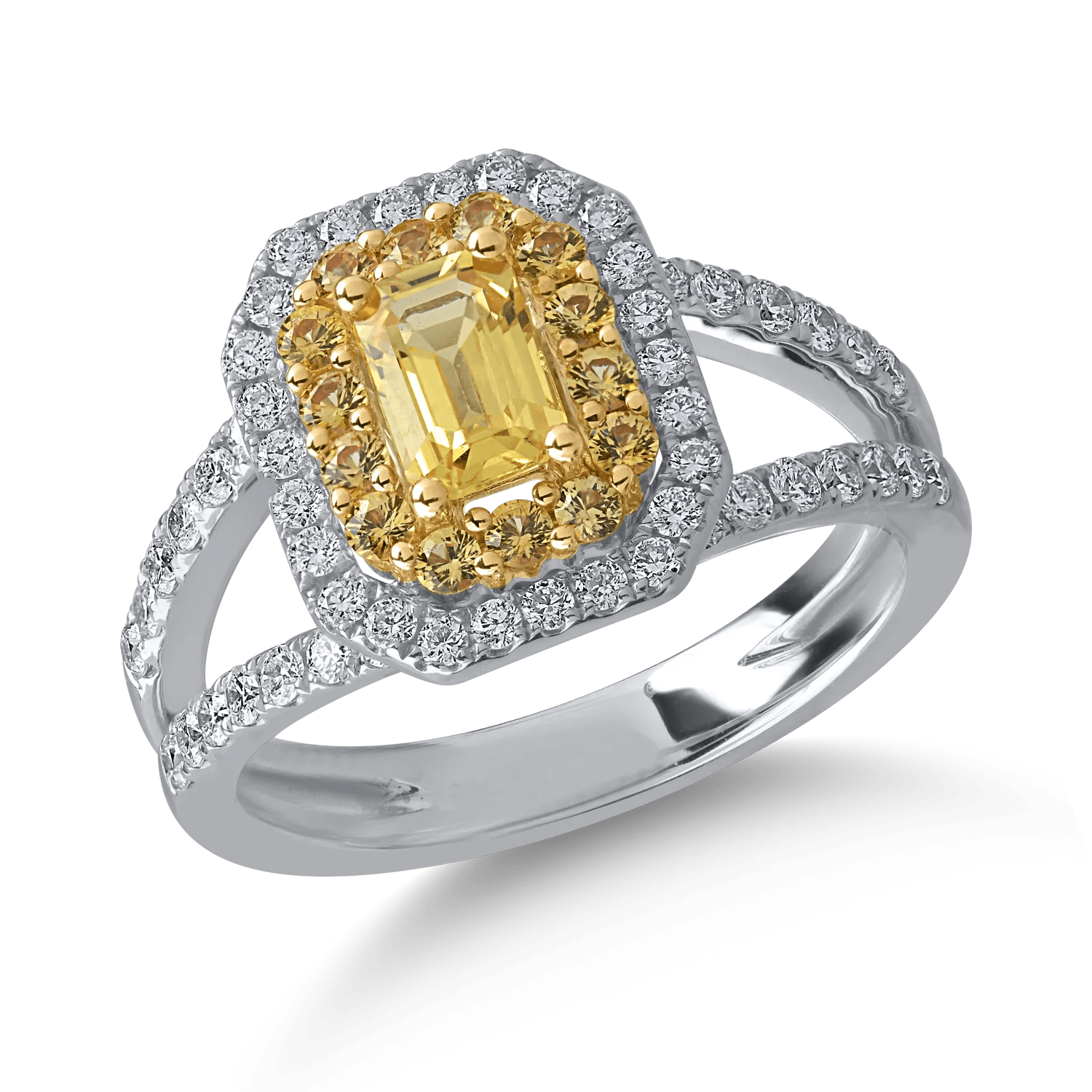 Inel din aur alb-galben cu safire galbene de 1.4ct și diamante de 0.53ct Inel din aur alb-galben cu safire galbene de 1.4ct și diamante de 0.53ct