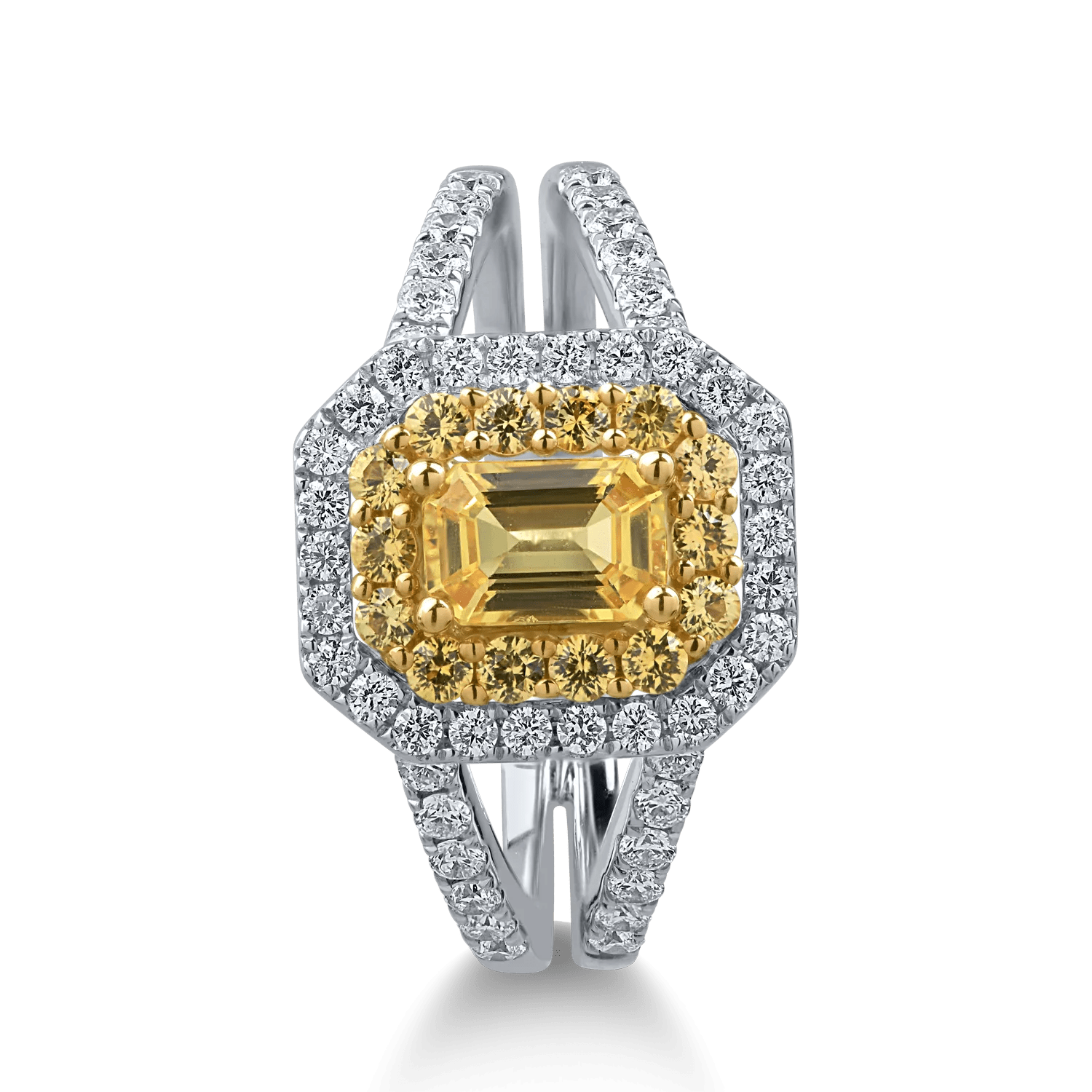 Inel din aur alb-galben cu safire și diamante Inel din aur alb-galben cu safire și diamante