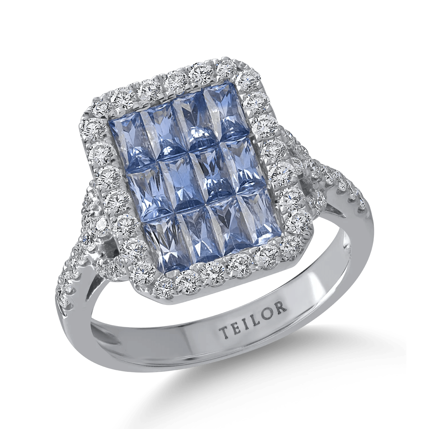 Inel din aur alb cu safire octogonale de 1.4ct și diamante de 0.68ct Inel din aur alb cu safire octogonale de 1.4ct și diamante de 0.68ct