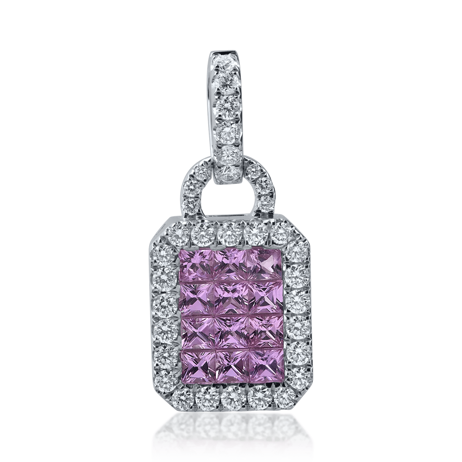 Pandantiv din aur alb cu safire roz princess 1.11ct și diamante 0.57ct Pandantiv din aur alb cu safire roz princess 1.11ct și diamante 0.57ct