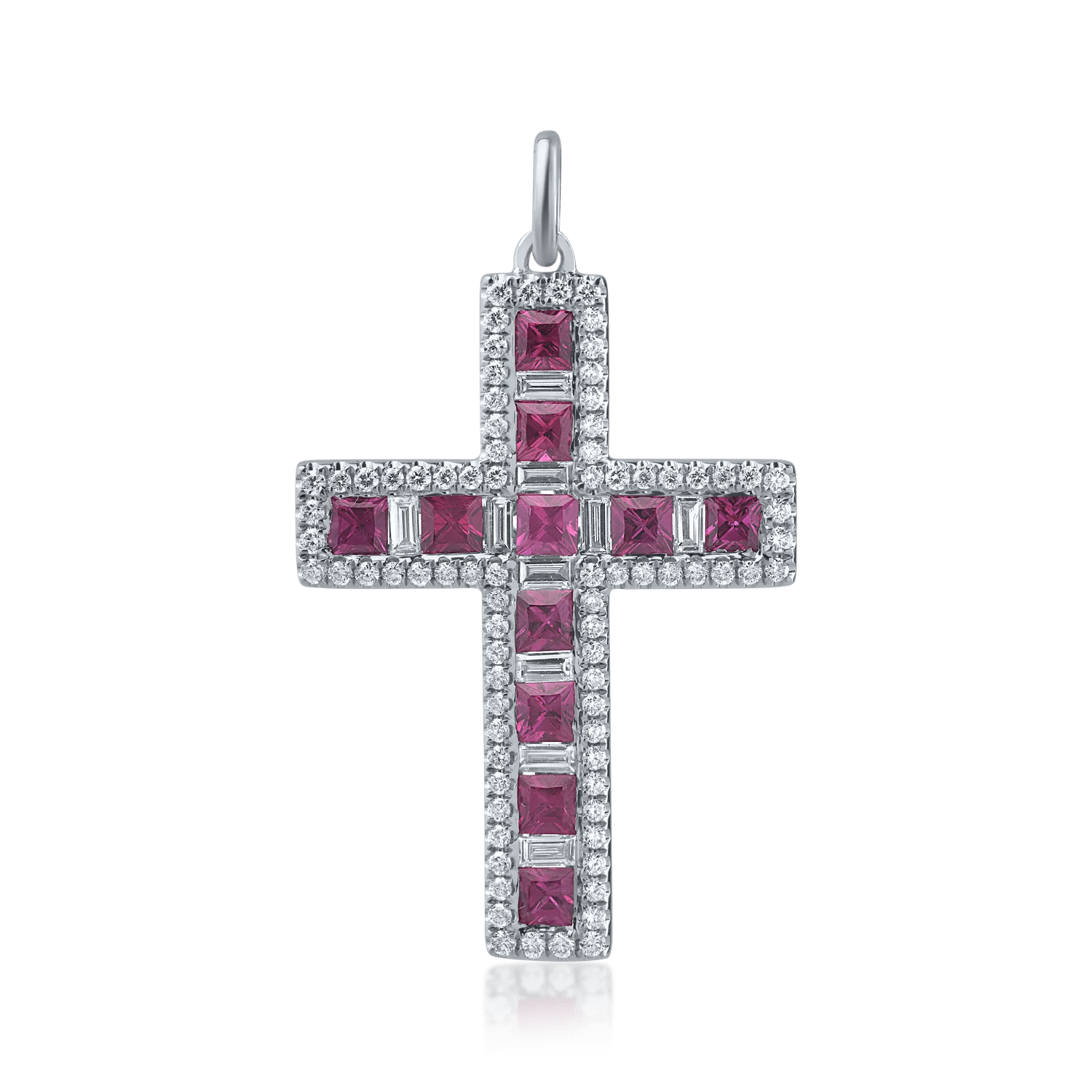 Pandantiv crucifix din aur alb cu rubine princess 1.03ct și diamante 0.55ct Pandantiv crucifix din aur alb cu rubine princess 1.03ct și diamante 0.55ct