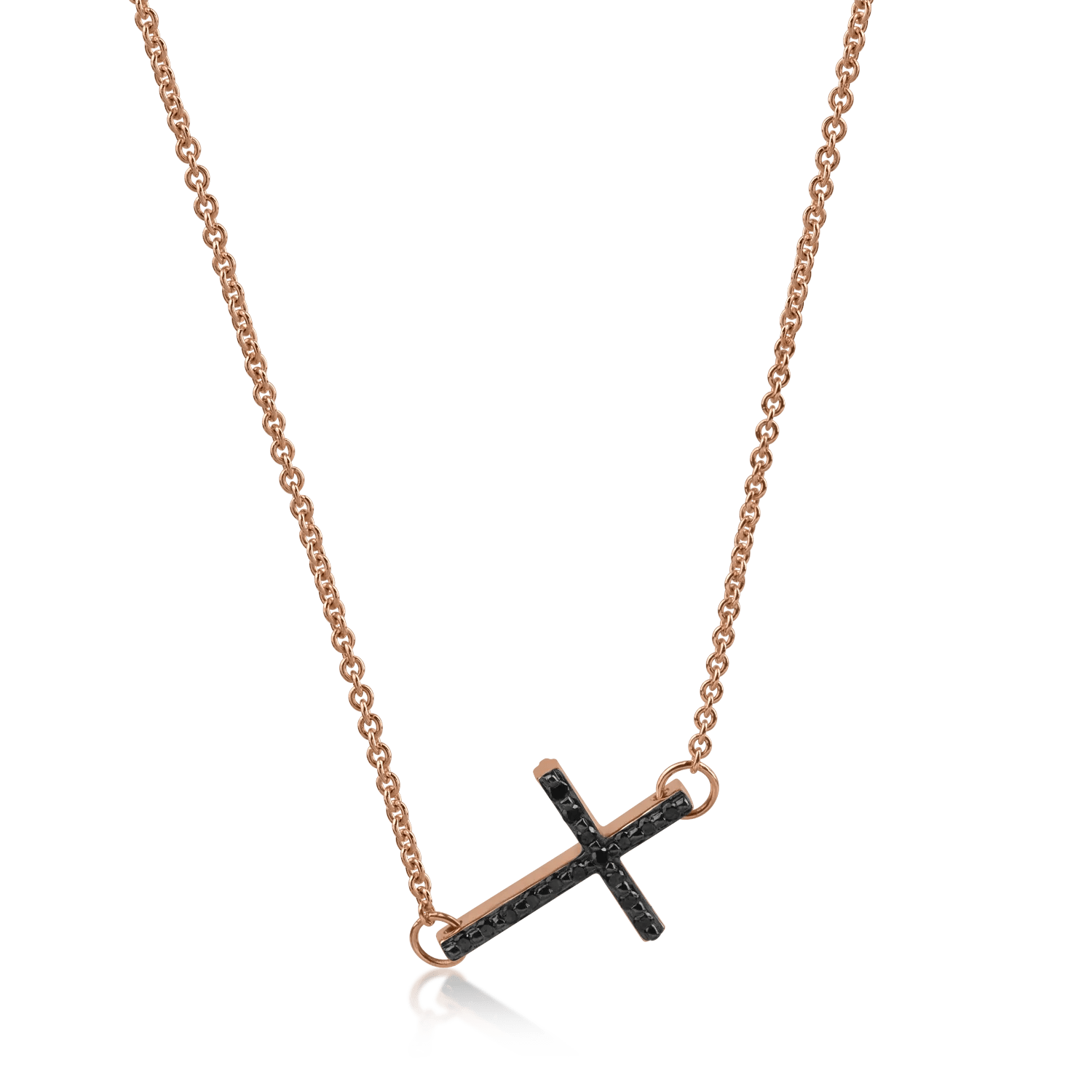 Lanţ cu pandantiv cruce din aur roz cu diamante negre 0.13ct şi diamante transparente 0.11ct Lanţ cu pandantiv cruce din aur roz cu diamante negre 0.13ct şi diamante transparente 0.11ct