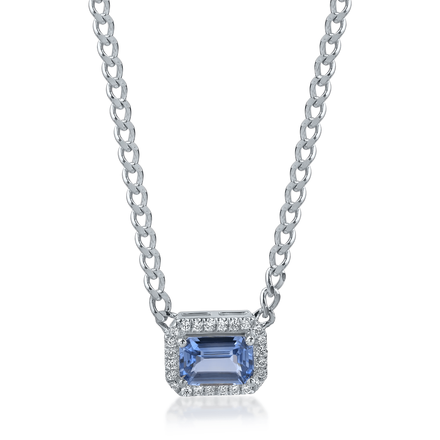 Lănțișor cu pandantiv geometric din aur alb, safir albastru-deschis de 0.6ct și diamante de 0.06ct Lănțișor cu pandantiv geometric din aur alb, safir albastru-deschis de 0.6ct și diamante de 0.06ct